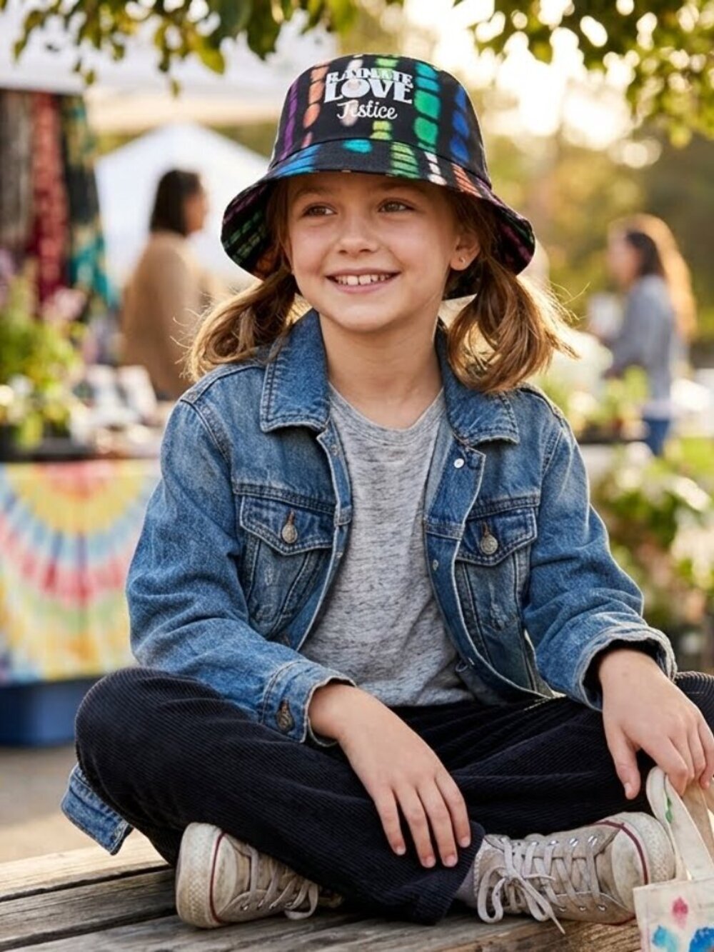 NWOT Justice Kids Girl's Black Tie-Dye Bucket Hat Radiate Love Graphic Party
